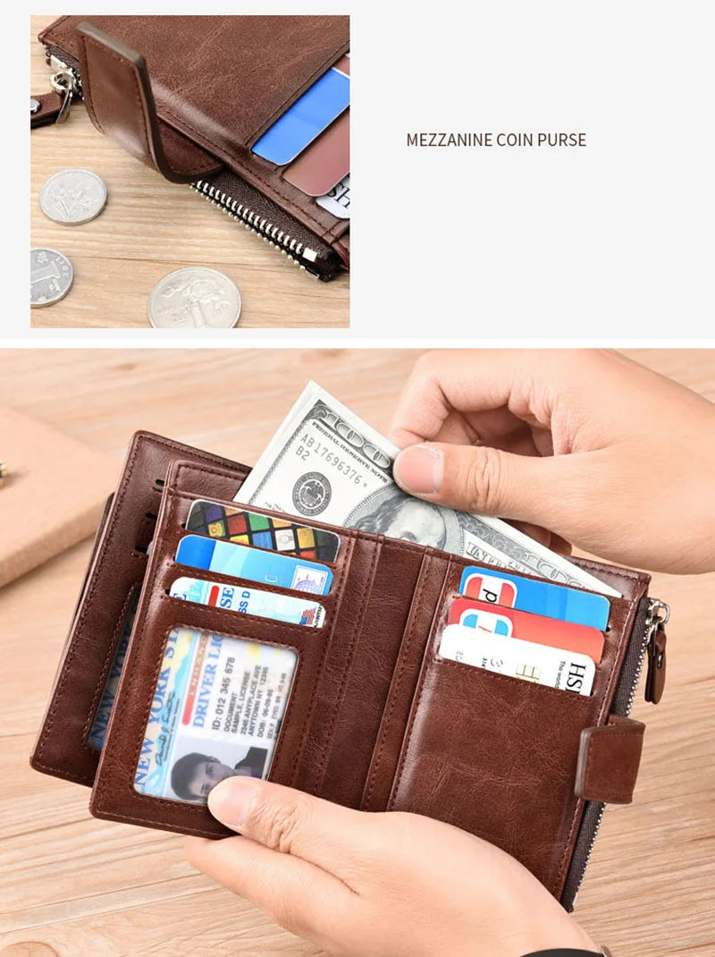 Luxury Leather Men’s Short Wallet – RFID Card Holder with Zipper Coin Purse Portable Billfold