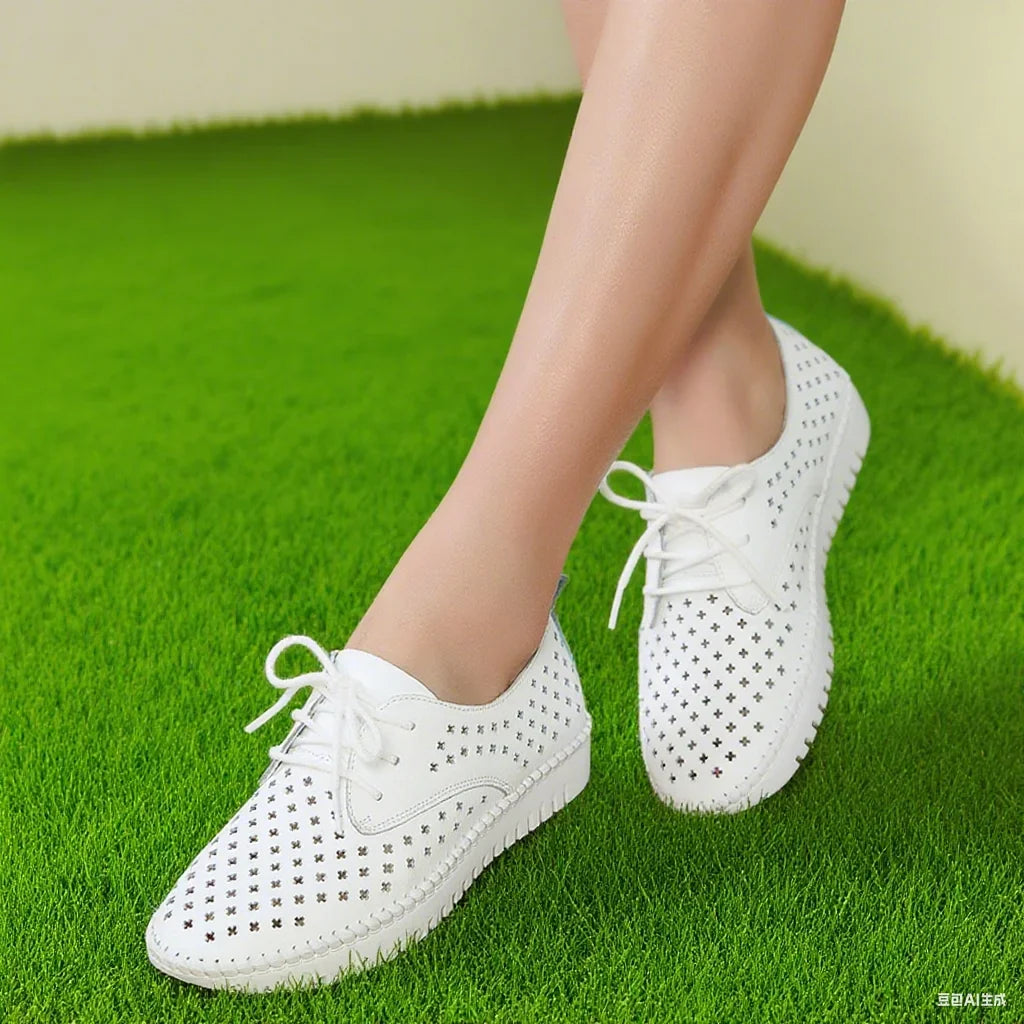 Women’s Genuine Leather Casual Flats - Hollow Lace-Up Loafers & Lightweight Boat Shoes