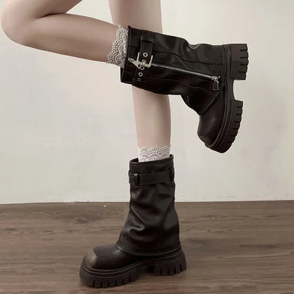 Women’s Winter Biker Boots – Fashion Belt Buckle Platform Short Booties, Casual Knight-Style Flats