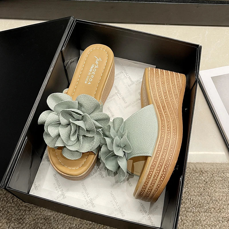 Women's Flower Wedge Sandals - Slip-On High-Heel Platform Summer Shoes