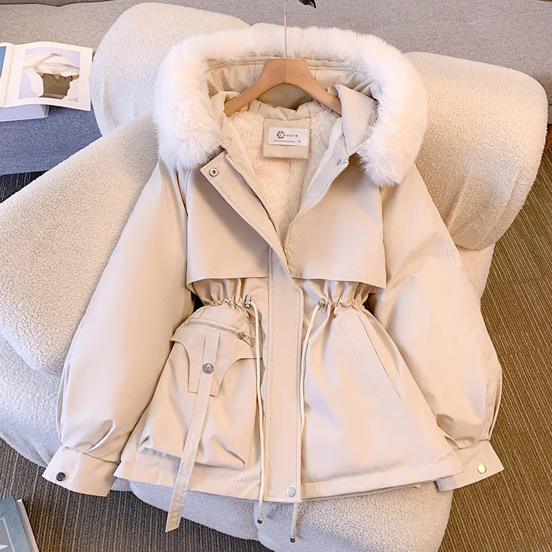 Fleece-Lined Hooded Down Jacket for Women – Warm Padded Parka, Casual Korean Streetwear Winter Coat