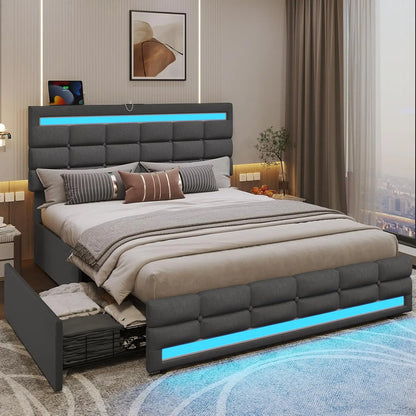 LED Full Size Bed Frame – Upholstered Platform Bed with LED Headboard & Footboard, Square Stitched Tufted Design