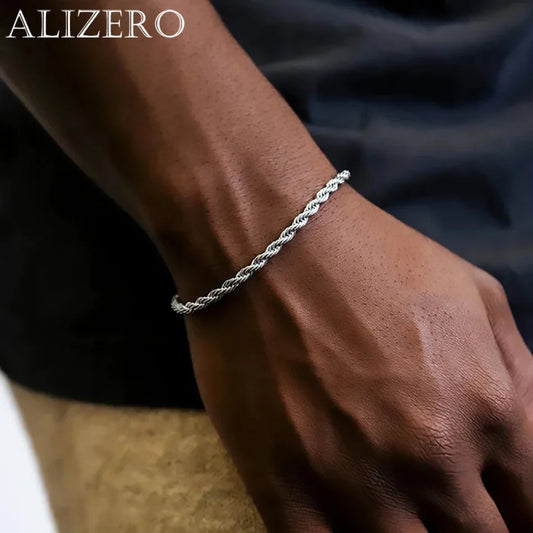 ALIZERO 925 Sterling Silver 4mm Rope Chain Bracelet — Unisex Twisted Link Classic Jewelry for Men and Women