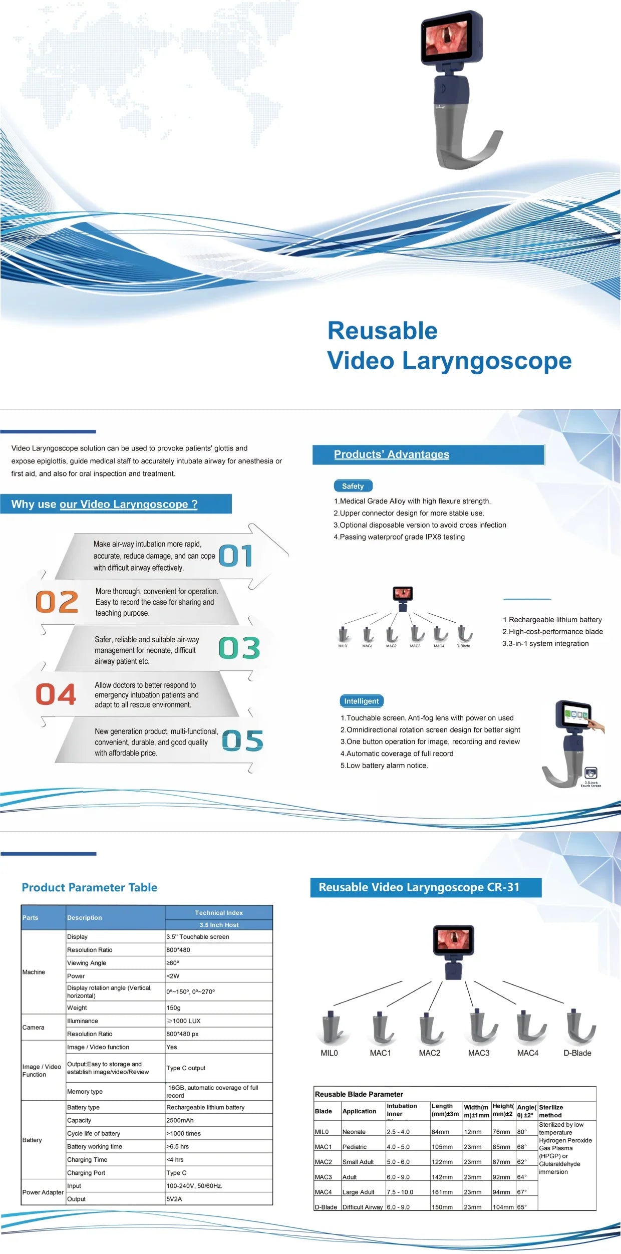 3.5-Inch Touch Screen Video Laryngoscope with Reusable Sterilizable Blades – Digital Laryngoscope, Mexico Warehouse Delivery