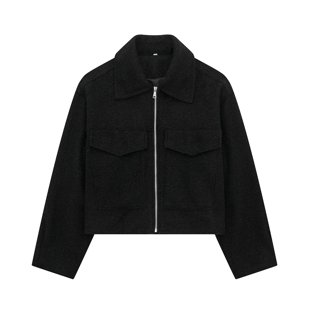 TRAF Women's Cropped Jacket – Vintage Patch Pockets with Flaps, Long Sleeve, Front Zipper Chic Outerwear Top