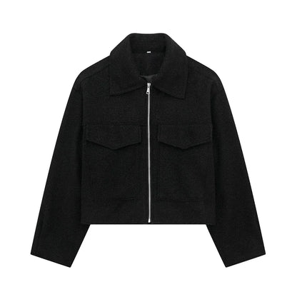 TRAF Women's Cropped Jacket – Vintage Patch Pockets with Flaps, Long Sleeve, Front Zipper Chic Outerwear Top