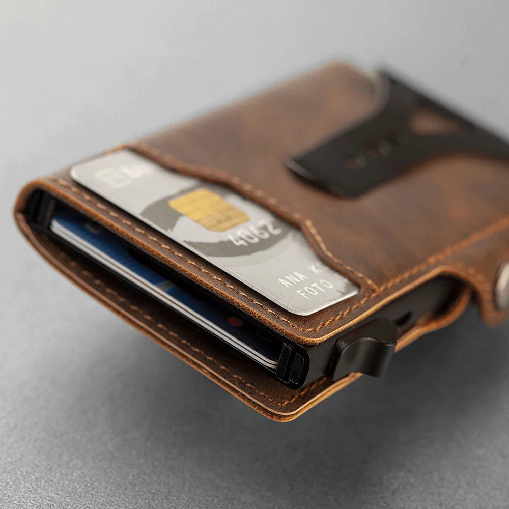 CASEKEY PU Leather Men’s Pop-Up Card Holder Wallet – Slim Minimalist Anti-RFID Smart Wallet with Money Clip & ID Window