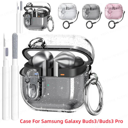Glitter Transparent Security Lock Case for Samsung Galaxy Buds 3/3 Pro – Charging Case with Cleaning Kit