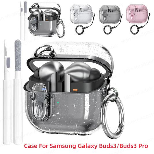 Glitter Transparent Security Lock Case for Samsung Galaxy Buds 3/3 Pro – Charging Case with Cleaning Kit