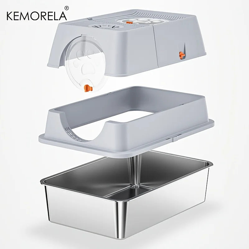 KEMORELA XL Stainless Steel Cat Litter Box – Extra Large Enclosed Litter Box with High Sides & Removable Scoop for Big Cats