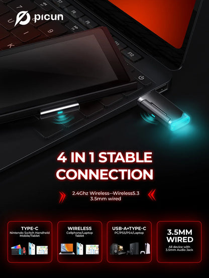 Picun G2 Wireless Gaming Headset – 2.4G & Bluetooth, 5ms Low Latency, 7.1 Surround Sound, ENC Mic for PC, PS4, PS5, Switch & Phone