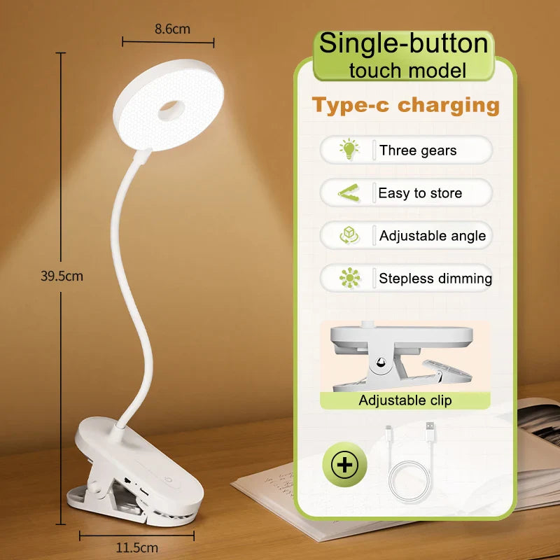Clip-On LED Desk Lamp – Portable Book Light with Stepless Dimming, 1200mAh Eye Protection for Reading & Study