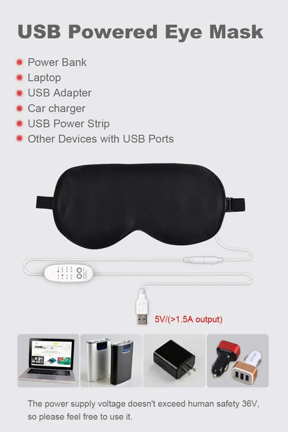 USB Heated Silk Eye Mask — Reusable Steaming Eye Massager for Sleep, Puffiness, Dark Circles & Eye Care