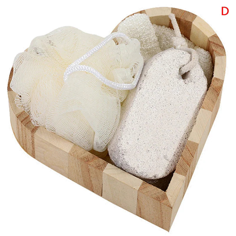 Spa Heart-Shaped Gift Box – Bathing Skin Cleaning Kit for Women with Sisal Bath Flower, Back Scrubber Gloves & Massager