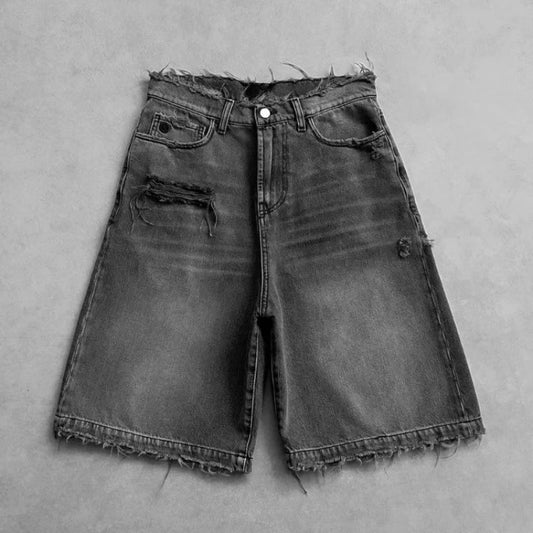 Deeptown Washed Ripped Short Jeans – Unisex Wide Leg Baggy Jorts with Hole Embroidery, Retro American Streetwear for Summer