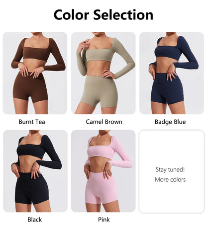 Hearuisavy 2PCS Long Sleeve Gym Set for Women, Quick-Drying Yoga Clothes, Sportswear, Running Leggings, Workout Sports Crop Top