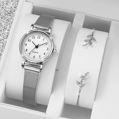 2PCS Fashion Arabic Dial Women's Quartz Watch – Steel Mesh Band & Opening Cuff Bracelet Bangle Set (No Box)