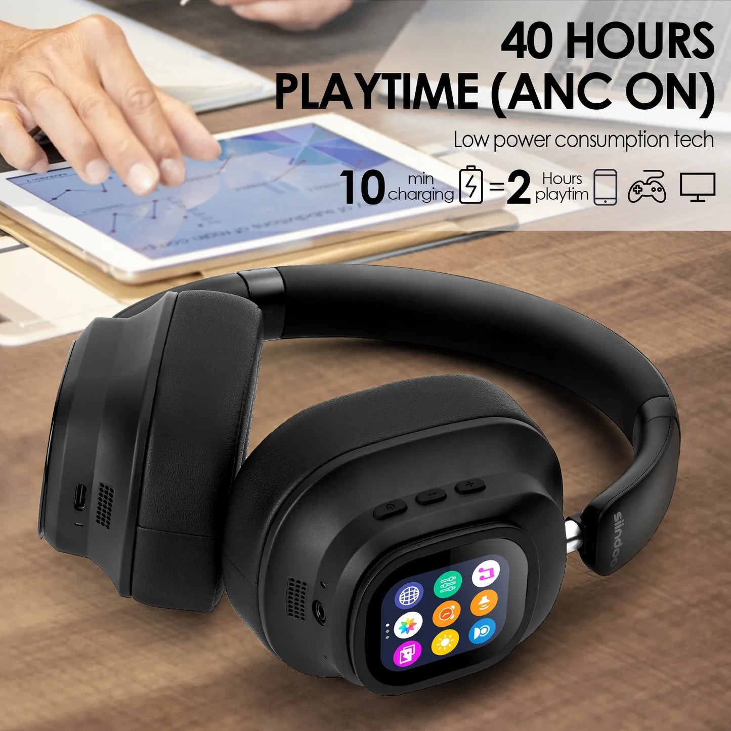 Siindoo JH-ANC930Plus Hybrid Wireless Headphones – Active Noise Cancelling with Multi Magnetic Touch Control & LED Display