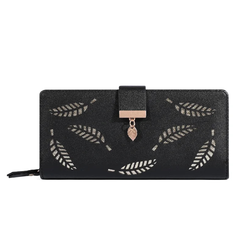 Women’s Long PU Leather Wallet – Gold Hollow Leaf Design Clutch Purse with Coin Pocket & Card Holders