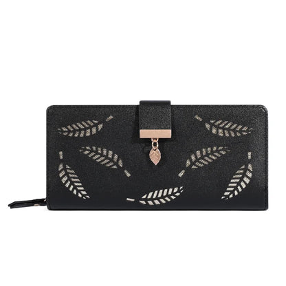 Women’s Long PU Leather Wallet – Gold Hollow Leaf Design Clutch Purse with Coin Pocket & Card Holders