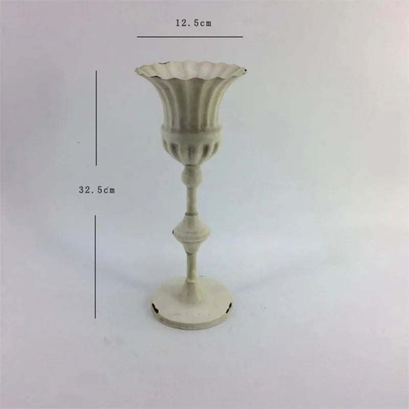 Old Goblet Antique Flower Vase – White Retro European Iron Table Arrangement Container with Handles