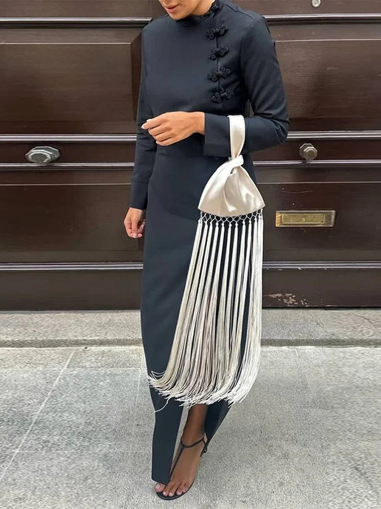 Chic Satin Tassel Patchwork Women’s Handbag – Small Fashion All-Match Shoulder Bag for Spring Summer 2026