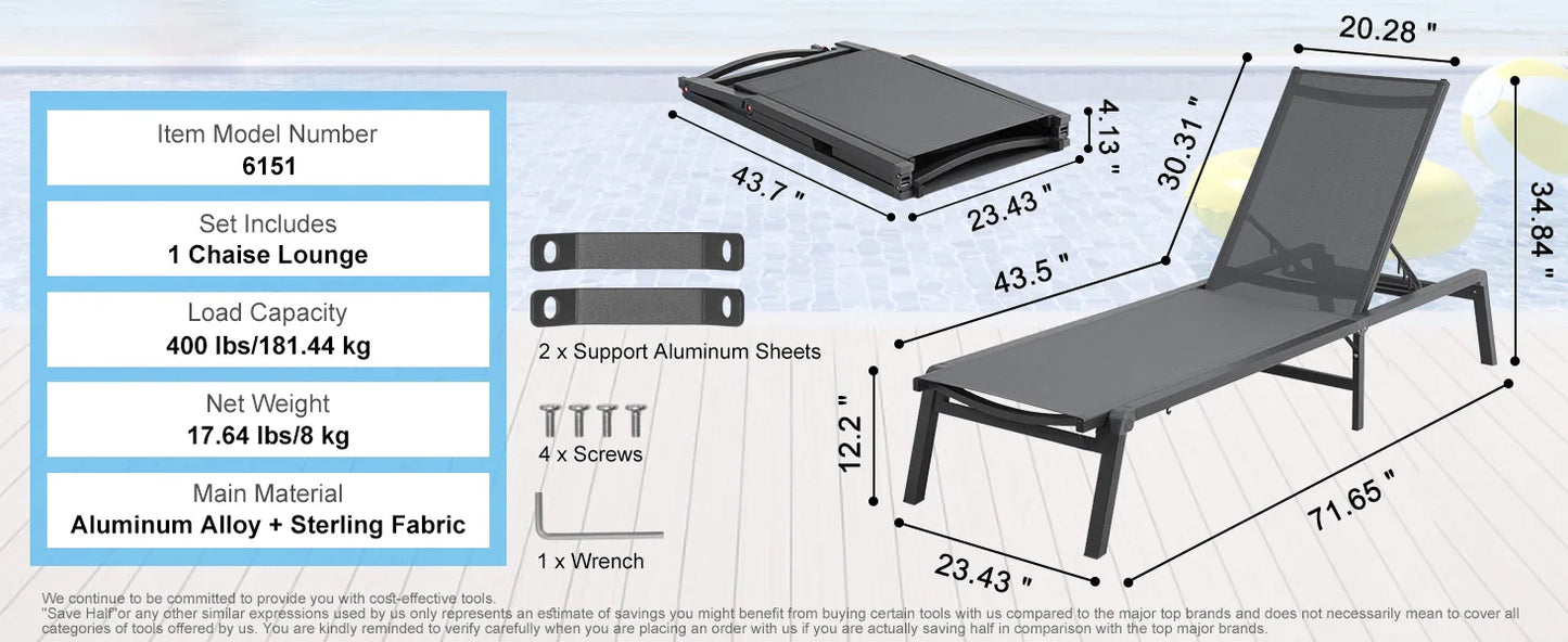 SucceBuy Outdoor Aluminum Chaise Lounge Chair — Folding Patio Pool Recliner, Full Flat Sun Lounger in Dark Grey