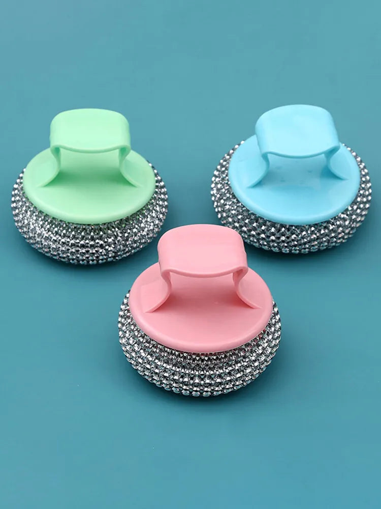 Stainless Steel Cleaning Balls with Handle - Non-Falling Wire, Oversized Brush Plate, and Bowl Brush for Household Kitchen