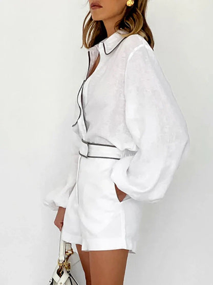 Summer Women’s Elegant Two-Piece Set – Cotton Linen Long-Sleeve Shirt & Shorts, Black & White Contrast