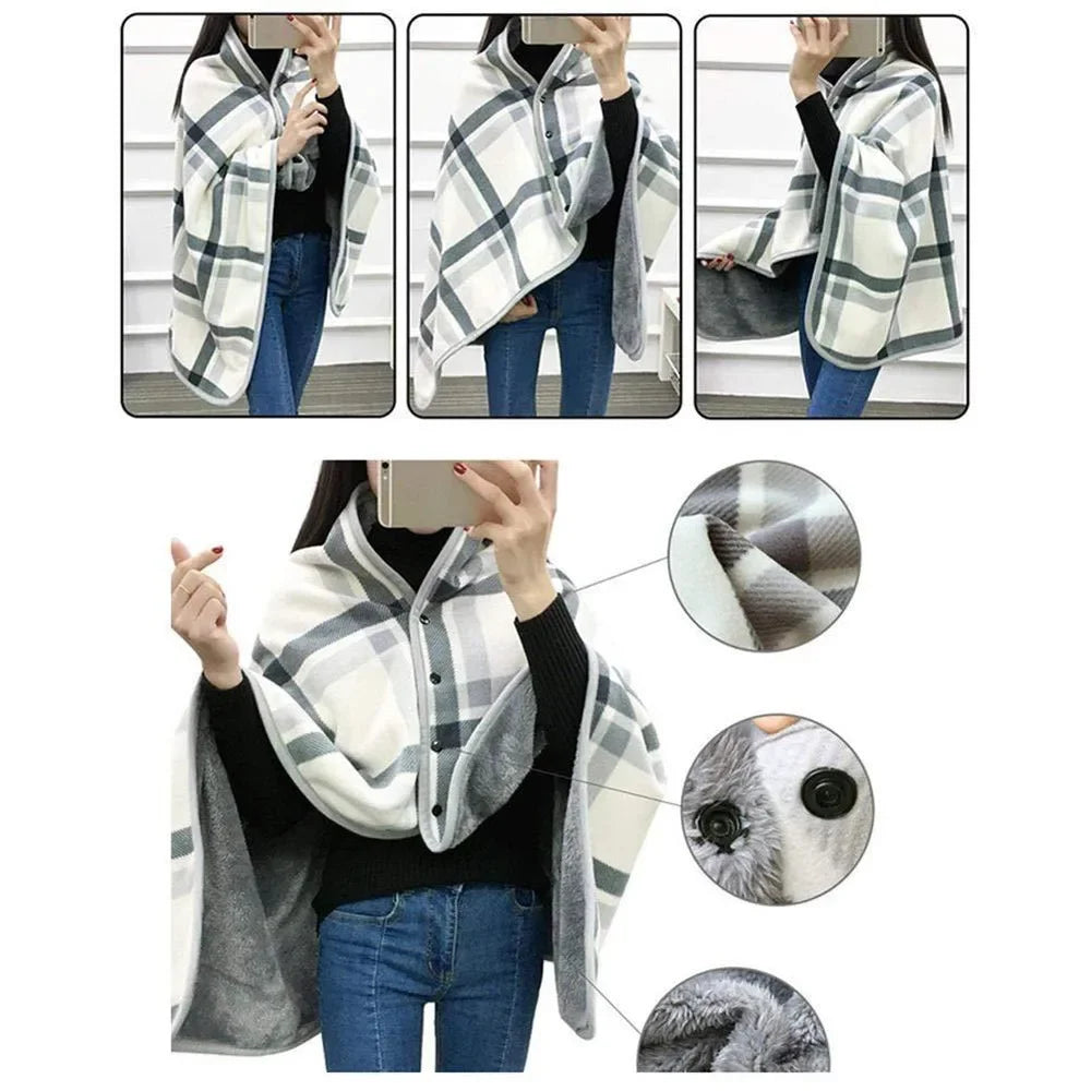 Women’s Double-Layer Tartan Plaid Blanket Scarf – Winter Warm Multifunction Shawl Wrap