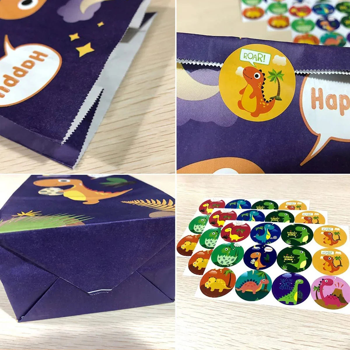 30Pcs Dinosaur Party Bags - Thicken Paper Dinosaur Gift Bags with 36 Stickers - Recyclable and Odorless Candy Bags for Dinosaur Party Gifts