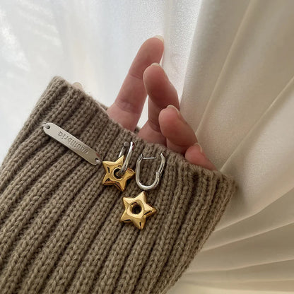 Lucky Star Stainless Steel Star Earrings — French Oval Five-Pointed Design, Long-Lasting Color