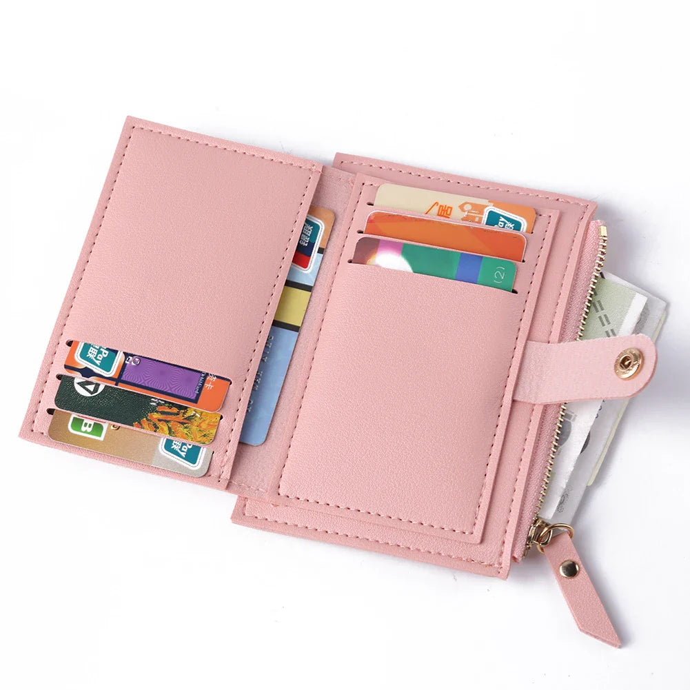 Women’s PU Leather Mini Wallet — Slim Hasp & Zipper Purse, Multi-Card Holder with Coin Pocket, Small Solid Short Wallet