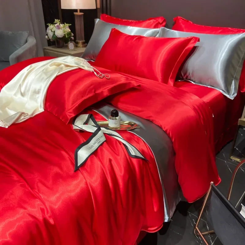 Solid Silk Bedding Set - Luxury Duvet Cover Bed Sheet Pillowcase Set For King Single Double Couple Beds