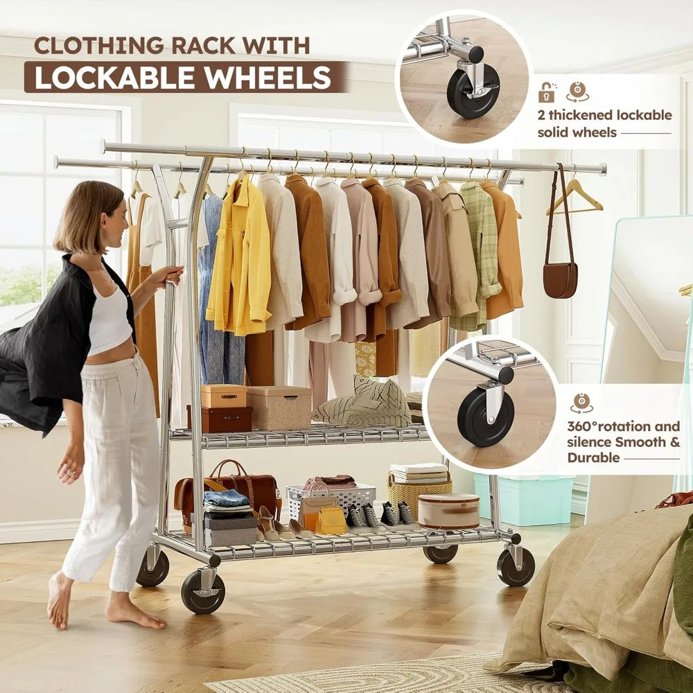 Heavy Duty Clothing Rack with Shelves – Rolling Hanger for Clothes, 650LBS Load Capacity