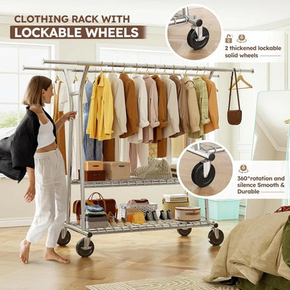 Heavy Duty Clothing Rack with Shelves – Rolling Hanger for Clothes, 650LBS Load Capacity