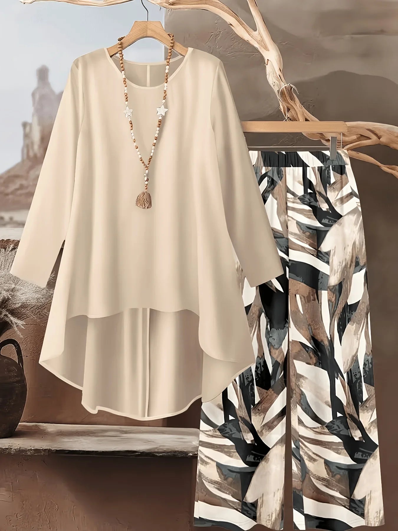 Plus Size 2 Piece Outfit Set - Floral Long Sleeve Blouse and Wide Leg Pants Casual Women's Suit