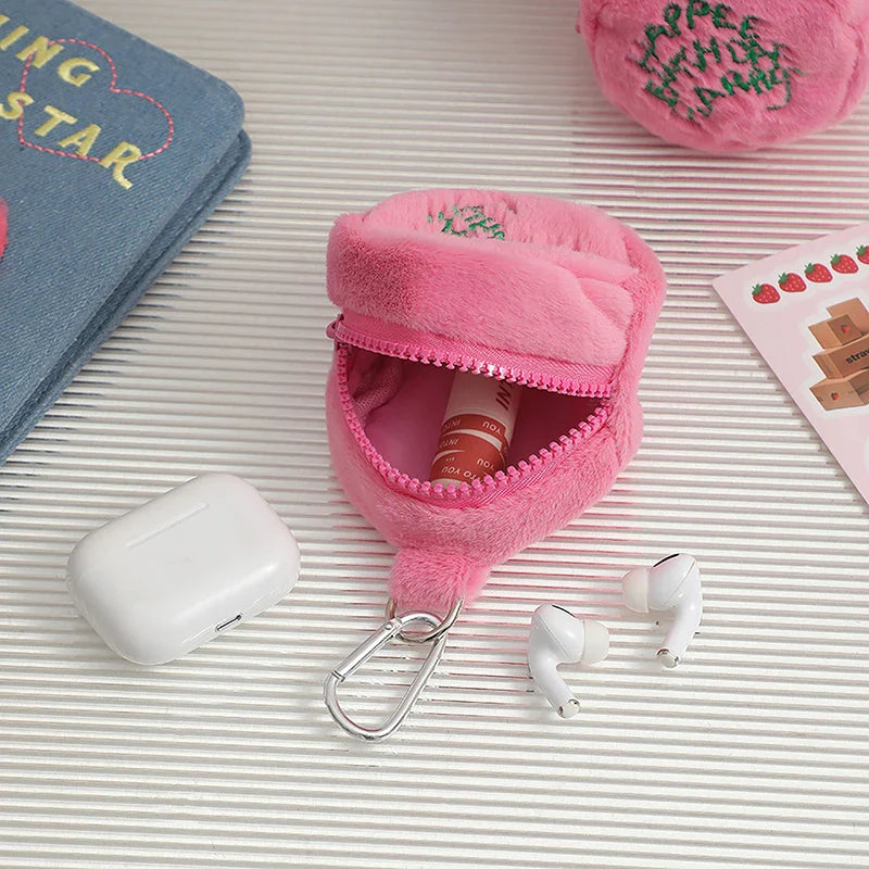 Pink Mini Coin Purse - Kawaii Plush Storage Bag for Earphones, Coins & Cords, Cute Portable Cake Pouch