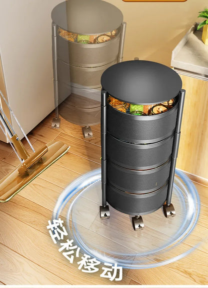 5 Layer Stainless Steel Rotating Shelf - Kitchen & Bathroom Storage Baskets, Fruit & Vegetable Rack with Wheels
