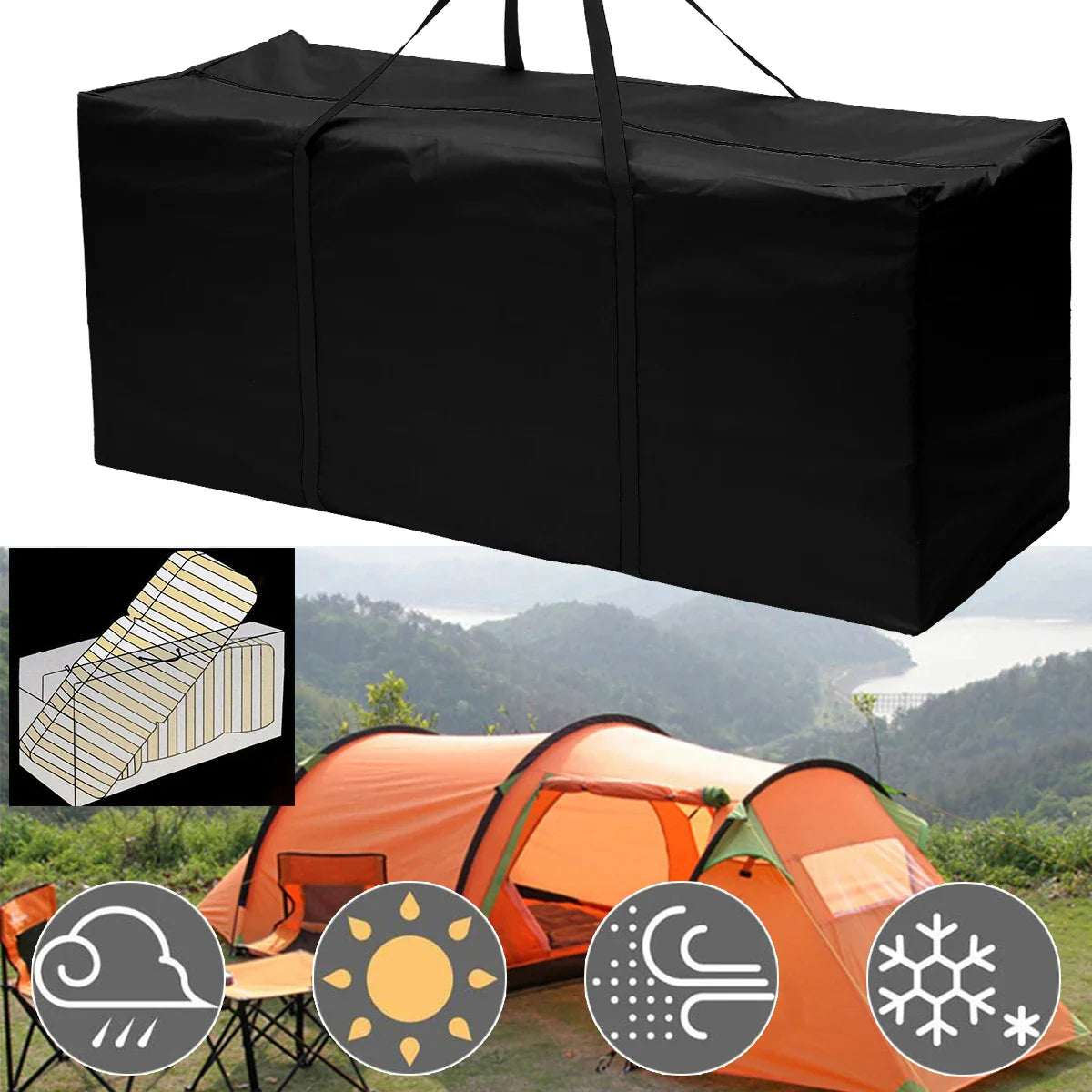 Outdoor Garden Furniture Cushion Storage Bag — Waterproof Zipped Trunk Case, Heavy-Duty 210D Rip-Proof Oxford Fabric