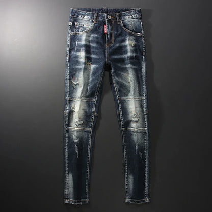 Streetwear Men’s Slim Fit Ripped Jeans – Retro Black & Blue Spliced Denim with Designer Embroidery, Hip Hop Fashion