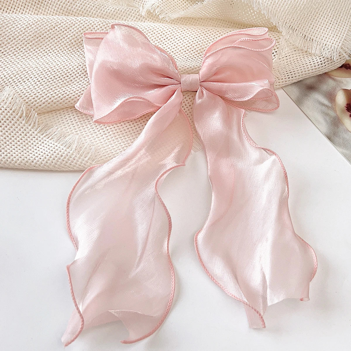 White Organza Bow Hair Clips – Fluttering Ribbon, French Fresh Premium Headdress, Large Hair Accessories for Women & Girls