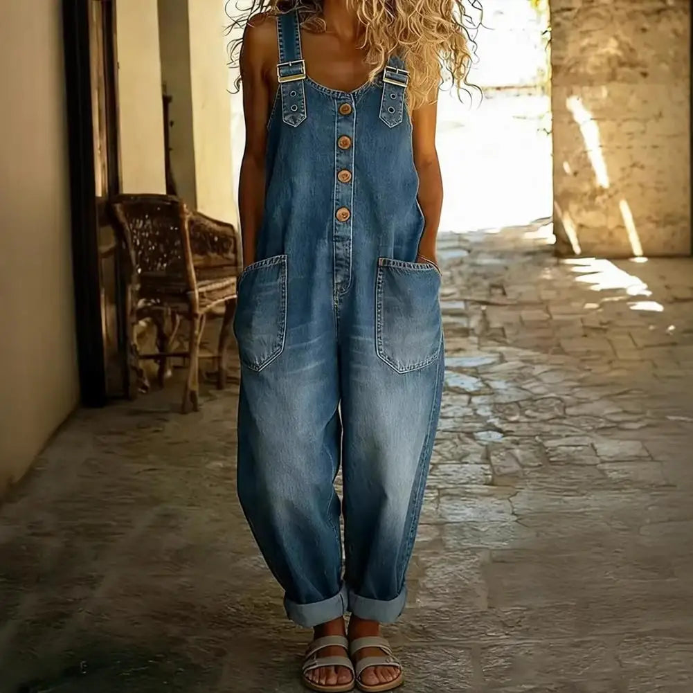 Women's Denim Bib Overalls - Relaxed Fit Wide Leg Vintage Jumpsuit Pants with Button Front Design