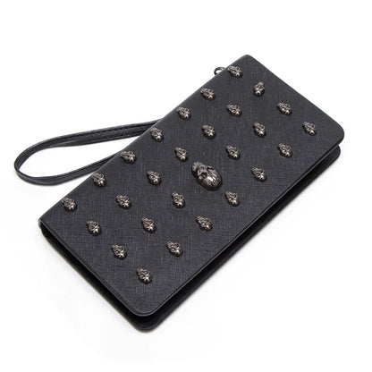 Women's Gothic Skull Head Long Wallet – Black Handheld Mobile Wallet with Wrist Strap & Card Clip
