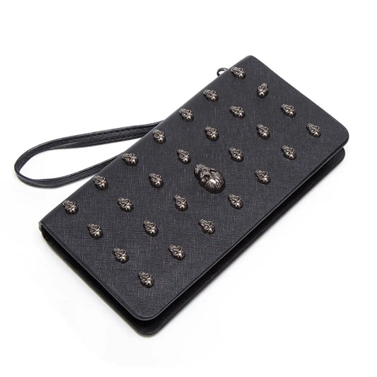 Women's Gothic Skull Head Long Wallet – Black Handheld Mobile Wallet with Wrist Strap & Card Clip