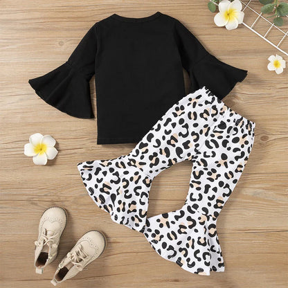 2PCS Baby Girl Clothes Set - Black Pullover Top & Leopard Print Bell-Bottoms, Autumn Outfit for 2-8 Years Old
