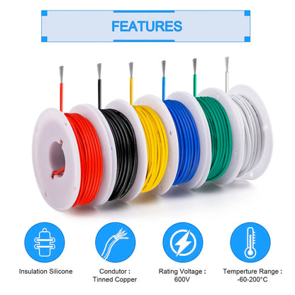 16-28 AWG Electric Wire Kit – 6 Colors Stranded Tinned Copper Flexible Silicone Hookup Wire for Electrical DIY & Car Projects