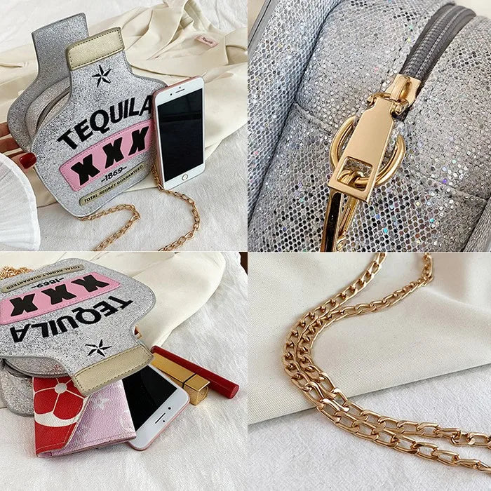 Ladies Fashion Laser Sequin Letter Wine Bottle Crossbody Shoulder Bag – Creative Personalized Design