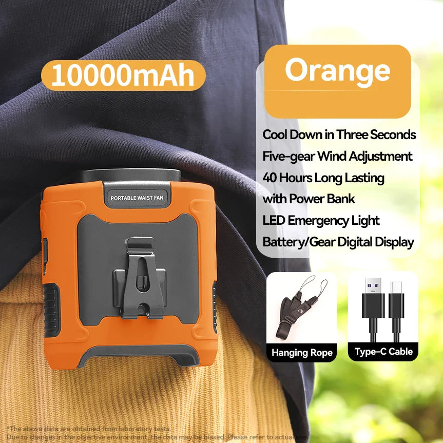 Portable Waist & Neck Hanging Fan – 5-Speed Strong Wind Cooling Fan with LED Light | 10000/20000mAh Rechargeable Battery, Outdoor Sports & Work Wearable Fan