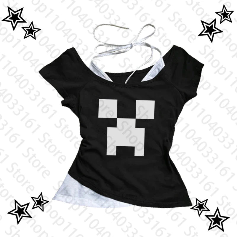 Y2K Cartoon Graphic Crop Top T-Shirt – Grunge Harajuku Aesthetic Slim Fit Emo Gothic Punk Baby Tee for Women